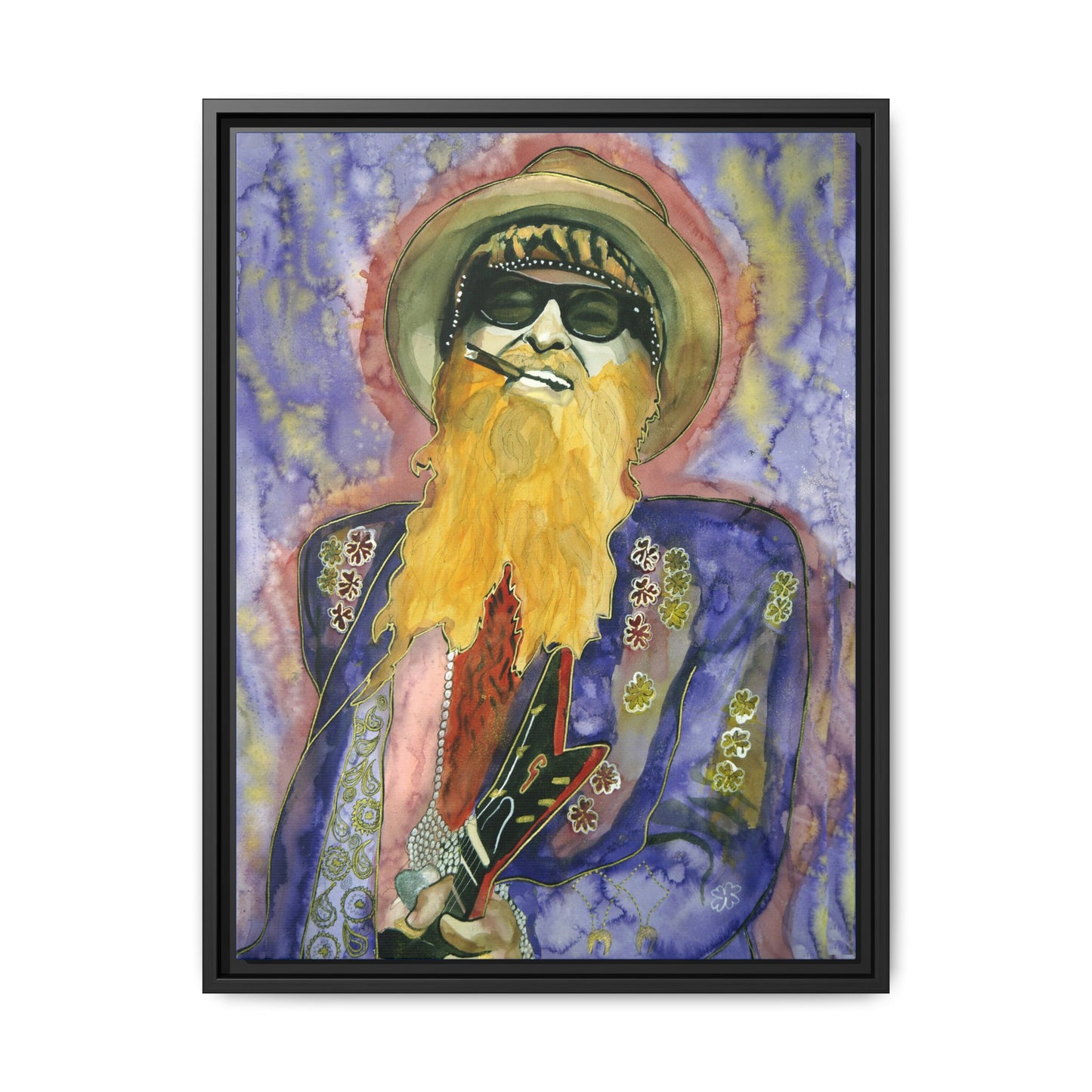 Billy F Gibbons - 18" x 24" Framed Canvas Wall Art – Vibrant Portrait