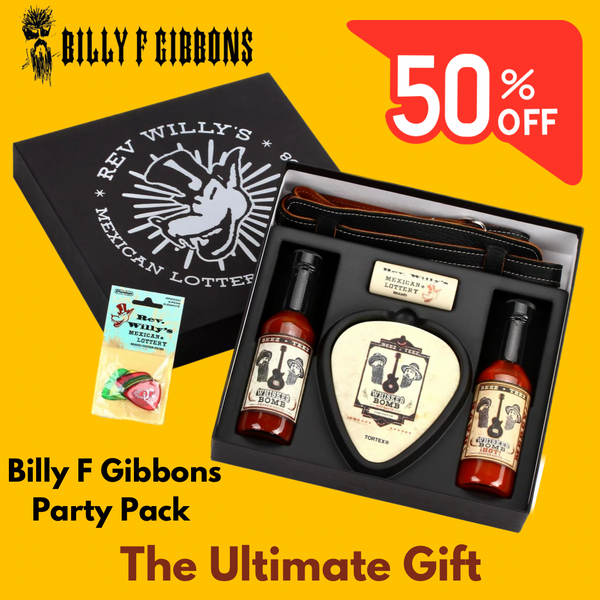 Billy F Gibbons Party Pack with Strap, Coasters, Hot Sauce, Slide