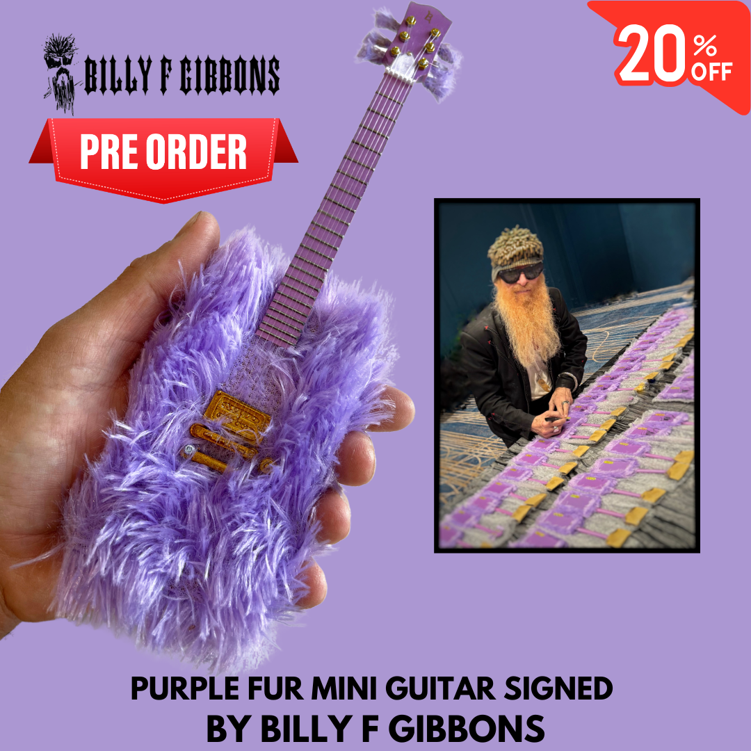 PRE SALE! Billy F Gibbons SIGNED Purple Fur Mini Guitar