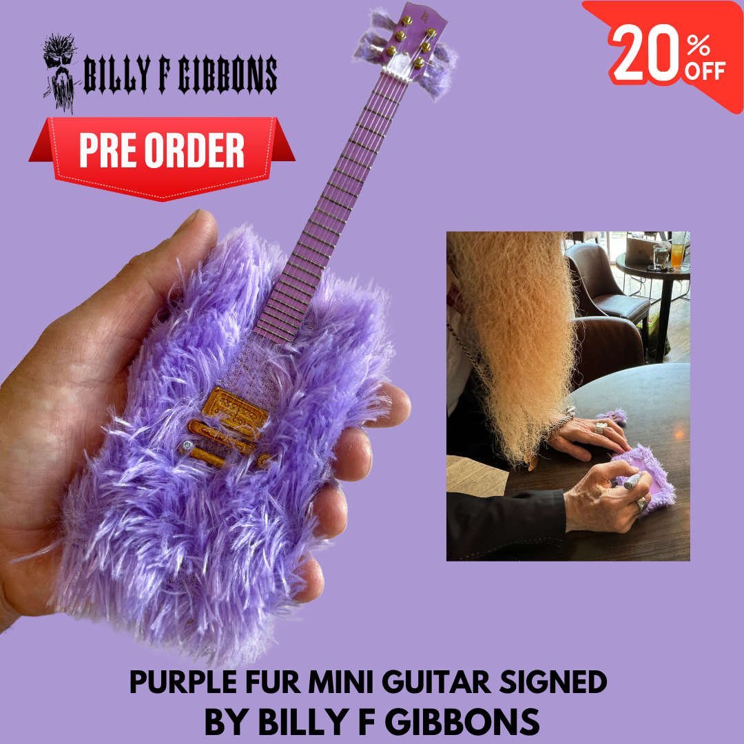 PRE SALE! Billy F Gibbons SIGNED Purple Fur Mini Guitar